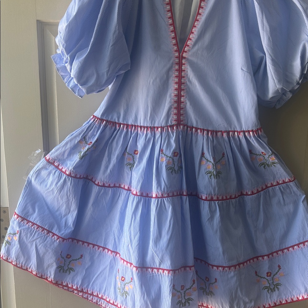 Light Blue Embroidered Tiered Casual Dress with Pink Trim - Picture 2 of 14